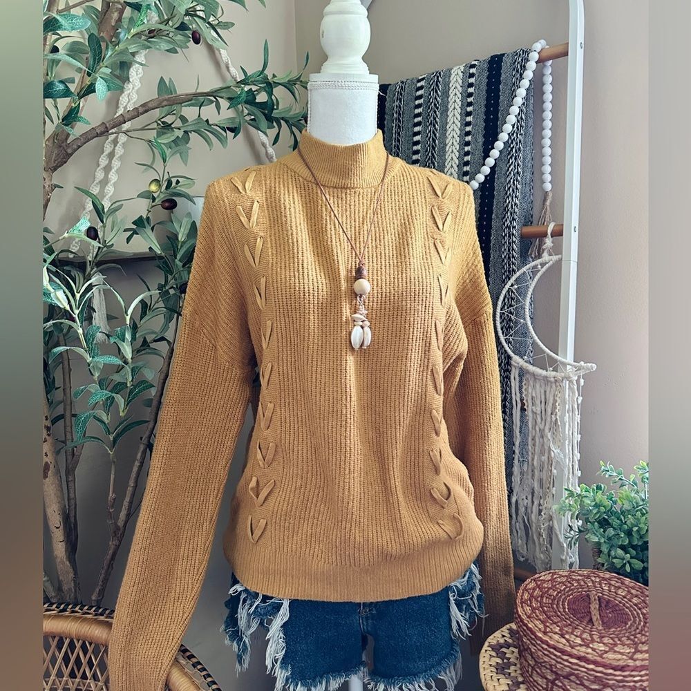 Tahari Mustard Yellow Ribbed Braided Mockneck Sweater